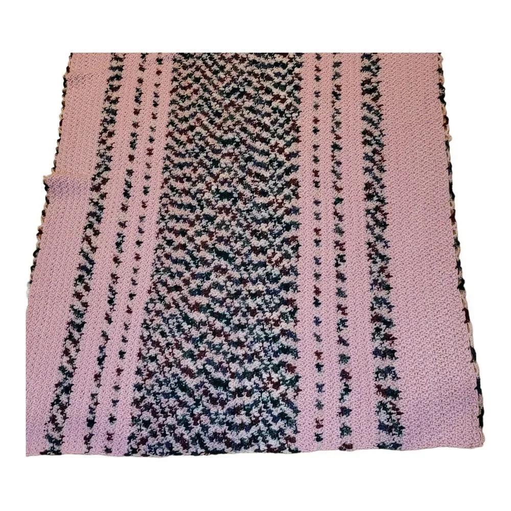 Vintage‎ Handmade Crochet Pink And MultiColor Stiped Afghan Blanket 38x53